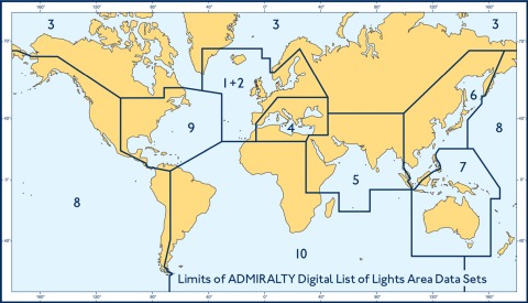 Weltkarte mit den Abdeckungsgrenzen der zehn digitalen Leuchtfeuerverzeichnisse ADMIRALTY Digital List of Lights